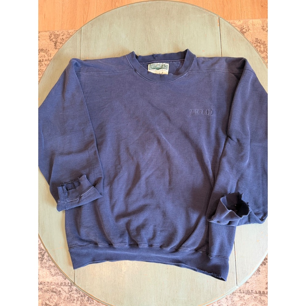 Vintage Levis Sweatshirt Men Large Navy Blue Distressed Made in USA Crewneck 90s
